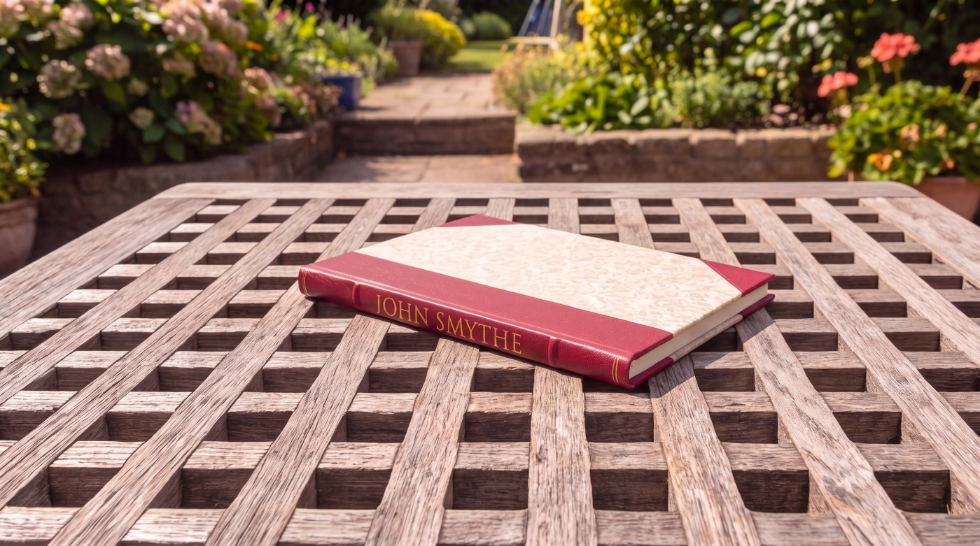 Premium Leather Bound Condolence Book - 40 Messages Leather bound condolence book resting on wooden table outdoors.