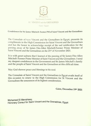 Condolences for Sir James Mitchell- Former PM of Saint Vincent and the Grenadines