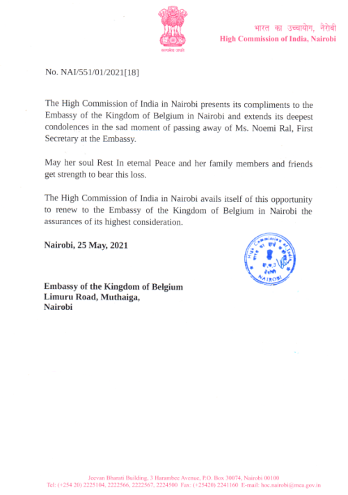 India-Condolence-Demise of Ms. Noemi Ral